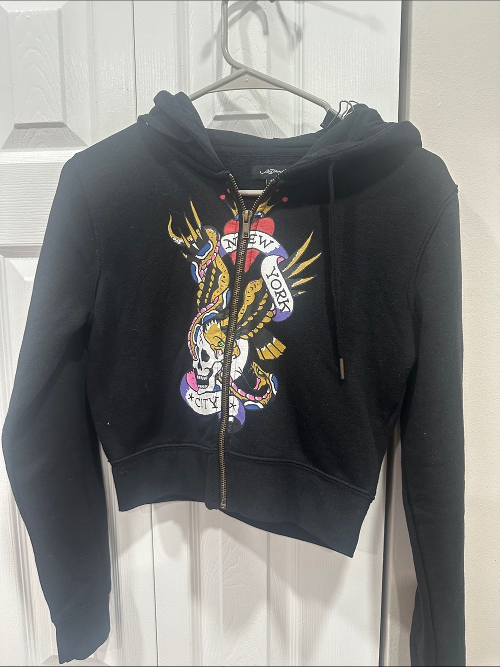 Ed Hardy Black Zip Hoodie with Colorful Skull & crop top sweater runs small
